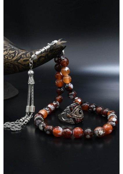 Doğal Damarlı Akik Taşlı Tesbih ve 925 Ayar Gümüş Yüzük Kırmızı Zirkon Taşlı Ay Yıldızlı (Ayyıldızlı) 901989 modelleri