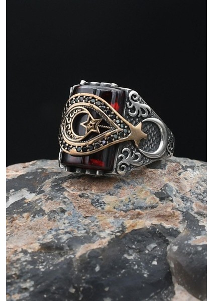 Doğal Damarlı Akik Taşlı Tesbih ve 925 Ayar Gümüş Yüzük Kırmızı Zirkon Taşlı Ay Yıldızlı (Ayyıldızlı) 901989 indirimleri