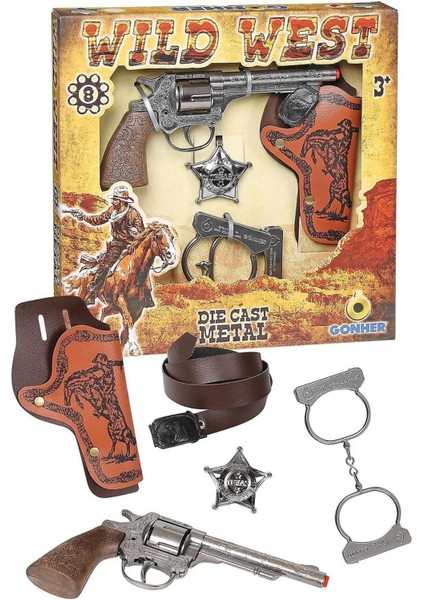 Elite Metal Kovboy Tabancası Kapsül Patlatan Revolver Silah Seti - (Kelepçe ve Şerif Rozetli) 1 Adet