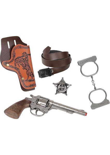 Elite Metal Kovboy Tabancası Kapsül Patlatan Revolver Silah Seti - (Kelepçe ve Şerif Rozetli) 1 Adet