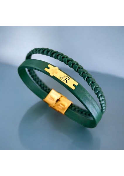 R Harfine Özel 14 Ayar Altın Plakalı Yeşil Derili Çiçek Motifli Hediye Bileklik-436Harf