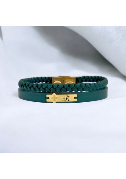 R Harfine Özel 14 Ayar Altın Plakalı Yeşil Derili Çiçek Motifli Hediye Bileklik-436Harf fiyatları