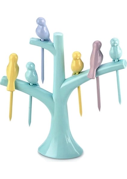6 Parça Kokteyl Kanepe Mini Pasta Için Kuş Figürlü Kürdanlık Seti Ağaç Stantlı Bpa Free