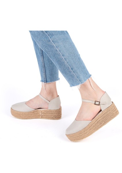 Gerçek Elişi Platformlu Poli Taban Espadril Dolgu Topuk Keten Espadril Handmade