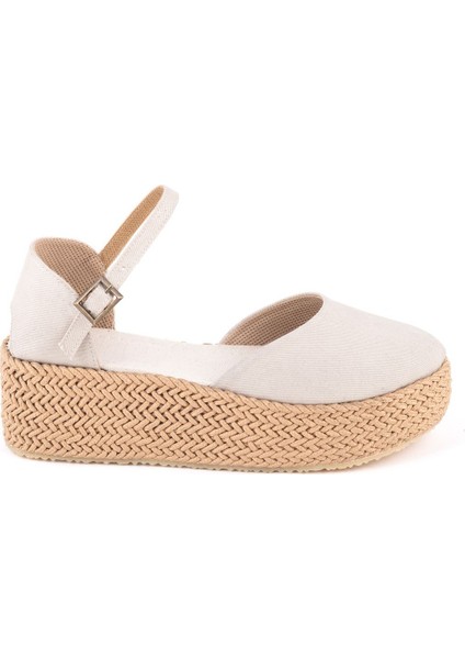 Gerçek Elişi Platformlu Poli Taban Espadril Dolgu Topuk Keten Espadril Handmade
