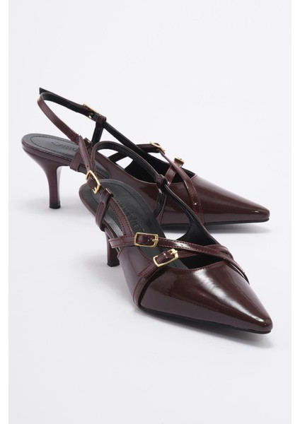 Dolama Taşlı Kadın Topuklu Sandalet Bordo Rugan