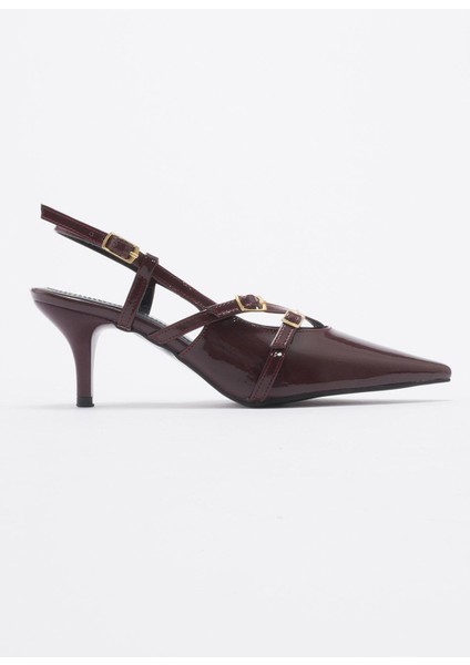 Dolama Taşlı Kadın Topuklu Sandalet Bordo Rugan fiyatları