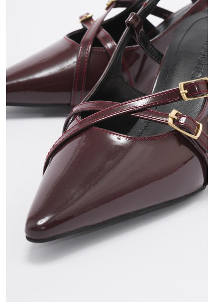 Dolama Taşlı Kadın Topuklu Sandalet Bordo Rugan modelleri