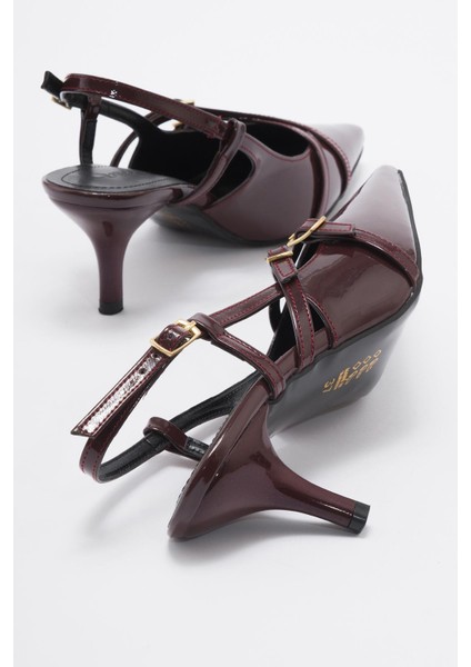 Dolama Taşlı Kadın Topuklu Sandalet Bordo Rugan fırsatları