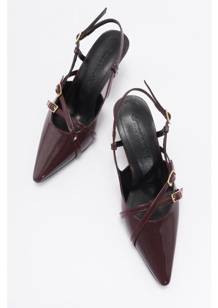 Dolama Taşlı Kadın Topuklu Sandalet Bordo Rugan indirimleri