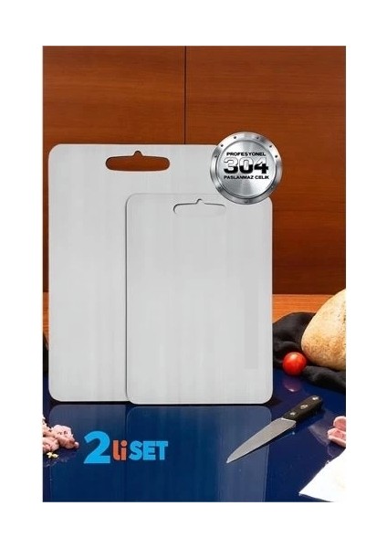 Bfs Kesim Tahtası - Profesyonel 304 Paslanmaz Çelik Doğrama Tahtası 2 Li Set