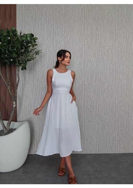 Kalın Askı Keten Cepli Elbise