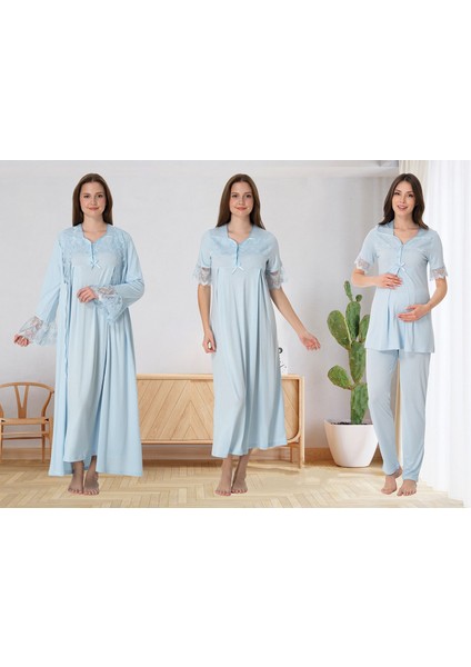 Dvina Effortt Lohusa 4'lü Set - Sabahlık/pijama Takımı/gecelik Mavi - 9016