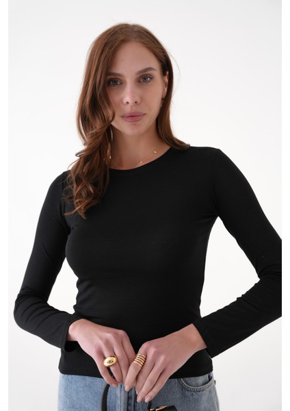 Bisiklet Yaka Siyah Basic Uzun Kol Body / Bluz