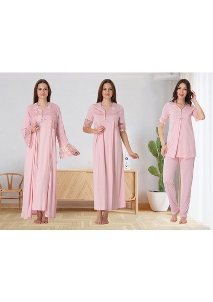 Dvina Effortt Lohusa 4'lü Set - Sabahlık/pijama Takımı/gecelik Pembe - 9016