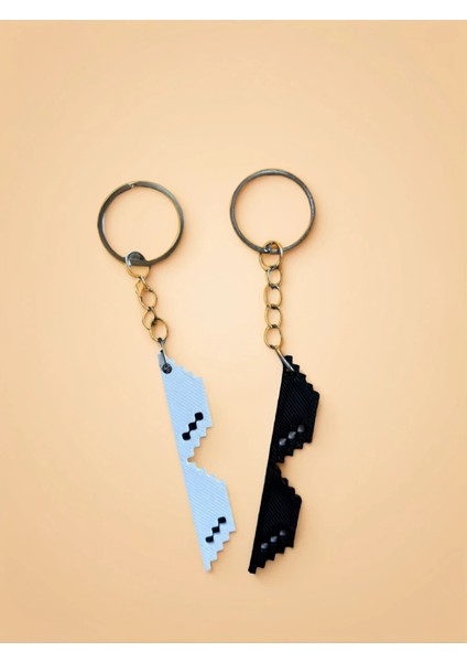 Pixel Gözlük Tasarımlı Ikili Anahtarlık Seti | Siyah & Beyaz 3D Baskı | Retro Hediyelik indirimleri