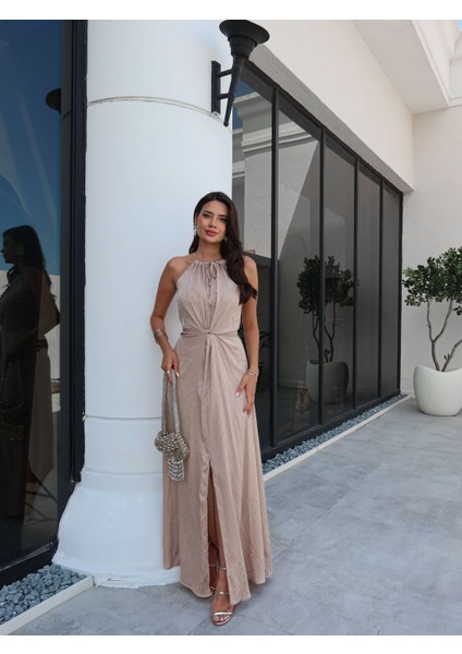 Bej Bel Bağlamalı Yırtmaçlı Elbise fırsatları