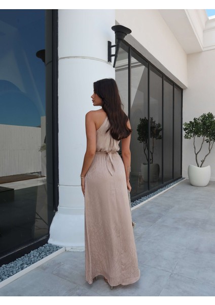 Bej Bel Bağlamalı Yırtmaçlı Elbise indirimleri