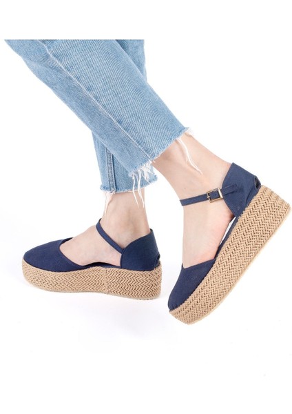 Gerçek Elişi Platformlu Poli Taban Espadril Dolgu Topuk Keten Espadril Handmade