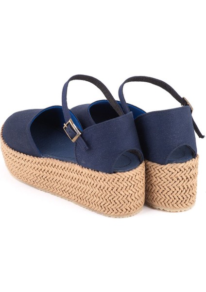 Gerçek Elişi Platformlu Poli Taban Espadril Dolgu Topuk Keten Espadril Handmade