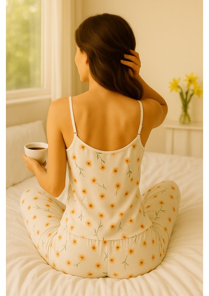 Kadın Beyaz Ip Askılı Çiçek Desenli Pijama Takımı fiyatları