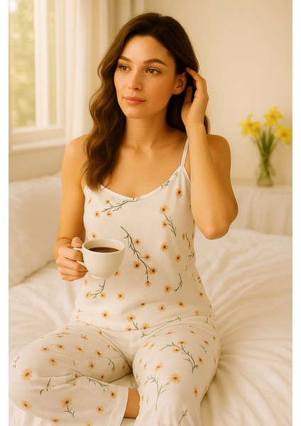 Kadın Beyaz Ip Askılı Çiçek Desenli Pijama Takımı modelleri