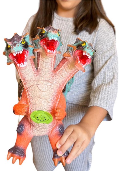 Elite Ejderha 3 Başlı Sesli Soft Yumuşak Oyuncak Dinozor Büyük Boy 1 Adet