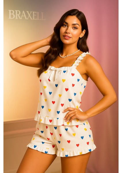 Kalp Baskılı Yumuşak Dokulu Ip Askılı Şortlu Örme Pijama Takımı modelleri