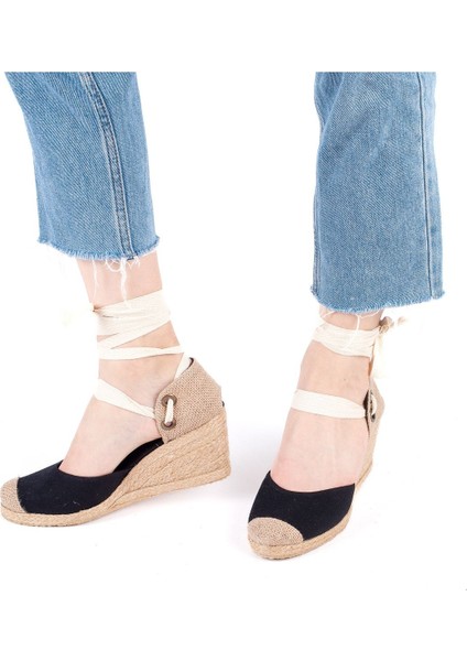 Gerçek Elişi Siyah Ipli Dolgu Topuk Keten Espadril Handmade