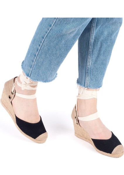 Gerçek Elişi Siyah Ipli Dolgu Topuk Keten Espadril Handmade fiyatları