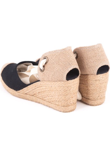 Gerçek Elişi Siyah Ipli Dolgu Topuk Keten Espadril Handmade indirimleri