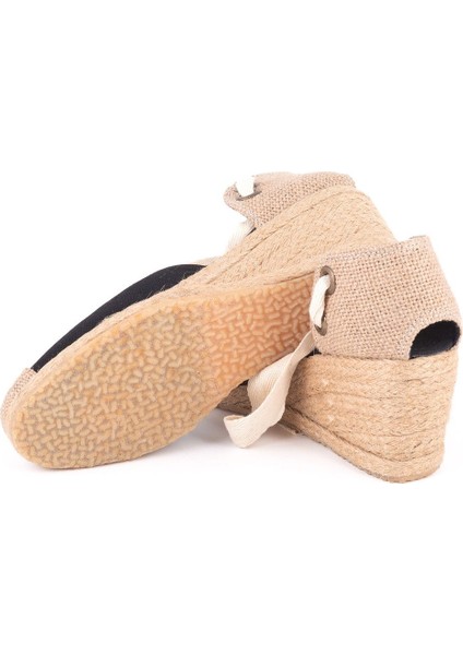 Gerçek Elişi Siyah Ipli Dolgu Topuk Keten Espadril Handmade