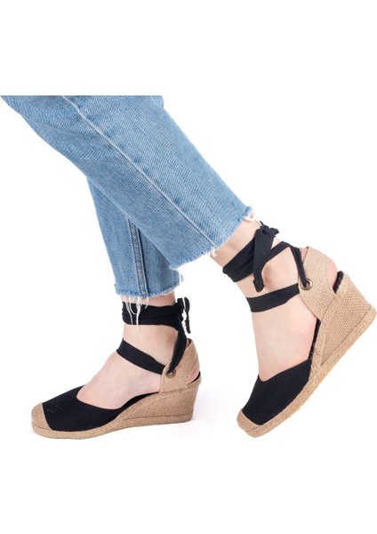 Gerçek Elişi Arkası Açık Geniş Ipli Burnu Hasırlı Dolgu Topuk Keten Kadın Espadril Handmade