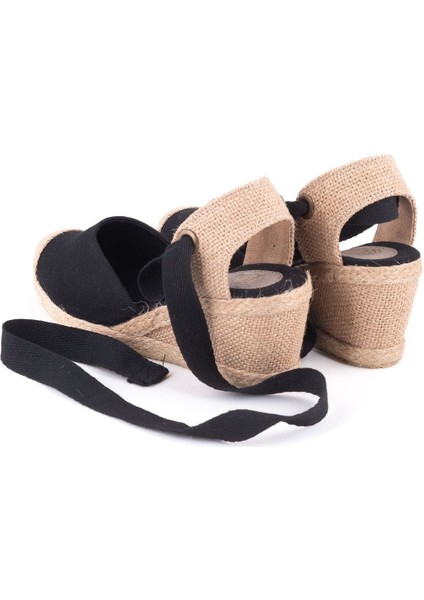 Gerçek Elişi Arkası Açık Geniş Ipli Burnu Hasırlı Dolgu Topuk Keten Kadın Espadril Handmade