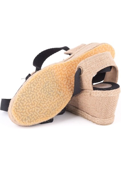 Gerçek Elişi Arkası Açık Geniş Ipli Burnu Hasırlı Dolgu Topuk Keten Kadın Espadril Handmade