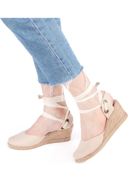 Gerçek Elişi Arkası Açık Geniş Ipli Dolgu Topuk Keten Kadın Espadril Handmade
