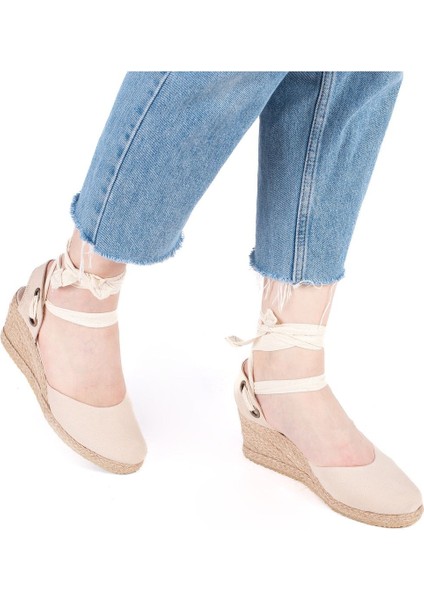 Gerçek Elişi Arkası Açık Geniş Ipli Dolgu Topuk Keten Kadın Espadril Handmade