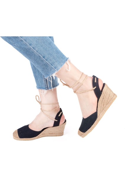 Gerçek Elişi Bilekten Bağcıklı Topuğu Açık Dolgu Topuk Keten Hasır Kadın Espadril Handmade