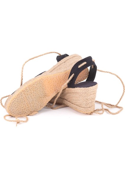 Gerçek Elişi Bilekten Bağcıklı Topuğu Açık Dolgu Topuk Keten Hasır Kadın Espadril Handmade