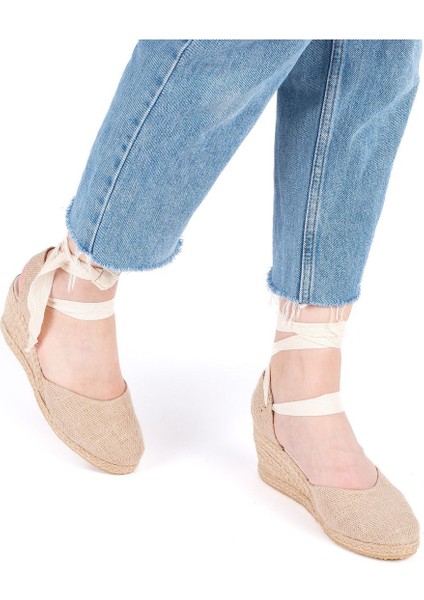 Gerçek Elişi Arkası Açık Geniş Ipli Dolgu Topuk Keten Kadın Espadril Handmade