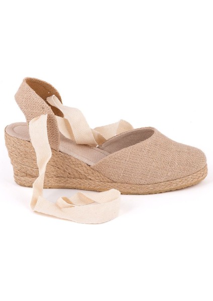 Gerçek Elişi Arkası Açık Geniş Ipli Dolgu Topuk Keten Kadın Espadril Handmade
