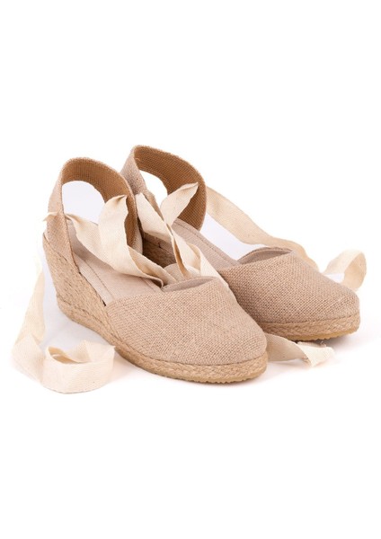 Gerçek Elişi Arkası Açık Geniş Ipli Dolgu Topuk Keten Kadın Espadril Handmade