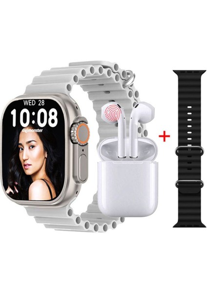 Ultra Plus Watch 8 Akıllı Saat + Bluetooth Kulaklık + Yedek Kordon 2.1 Ekran Kablosuz Şarj IPS Ekran