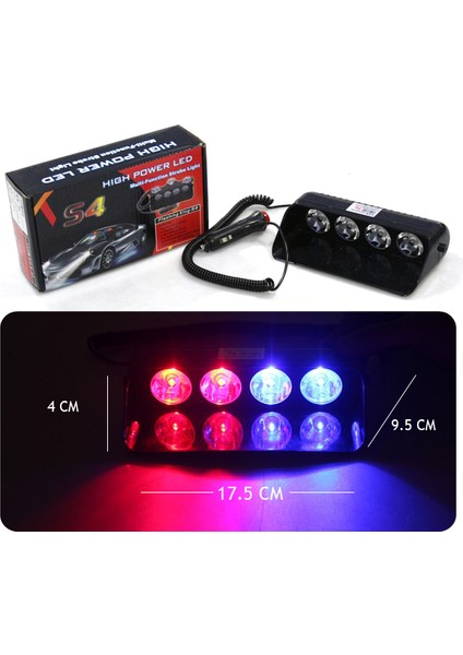 Güçlü 8 Fonksiyonlu Flaşör LED Çakar Işık Kırmızı-Mavi