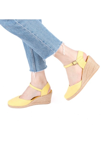 Gerçek Elişi Topuğu Açık Bilekten Bantlı Dolgu Topuk Keten Hasır Kadın Espadril Handmade