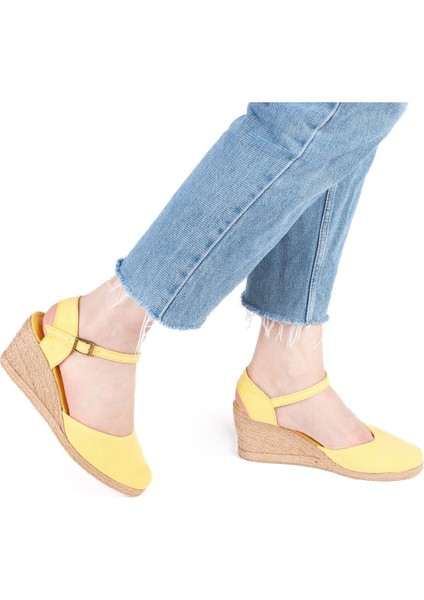 Gerçek Elişi Topuğu Açık Bilekten Bantlı Dolgu Topuk Keten Hasır Kadın Espadril Handmade
