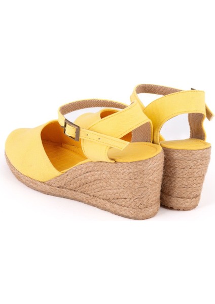 Gerçek Elişi Topuğu Açık Bilekten Bantlı Dolgu Topuk Keten Hasır Kadın Espadril Handmade