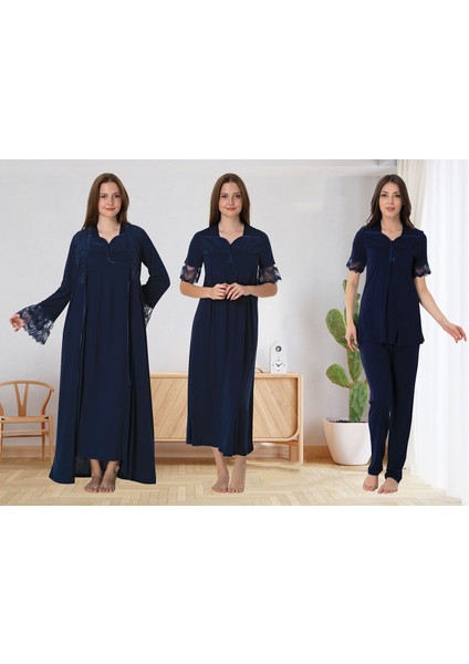 Dvina Effortt Lohusa 4'lü Set - Sabahlık/pijama Takımı/gecelik Lacivert - 9016
