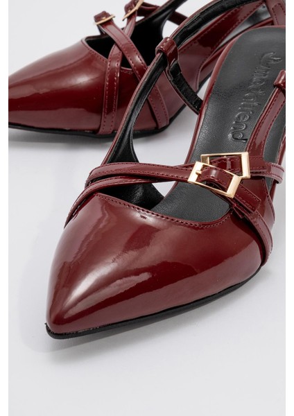 Kadın 3 Tokalı Topuklu Ayakkabı Bordo Rugan