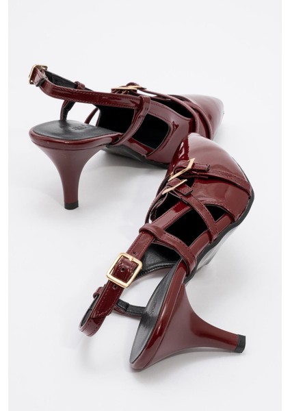 Kadın 3 Tokalı Topuklu Ayakkabı Bordo Rugan